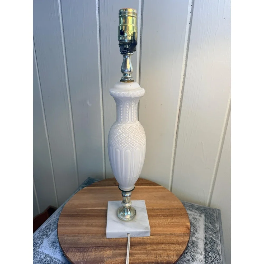 Vintage Frosted Satin Glass Table Lamp White Marble Base MCM Neoclassical White - Picture 4 of 16